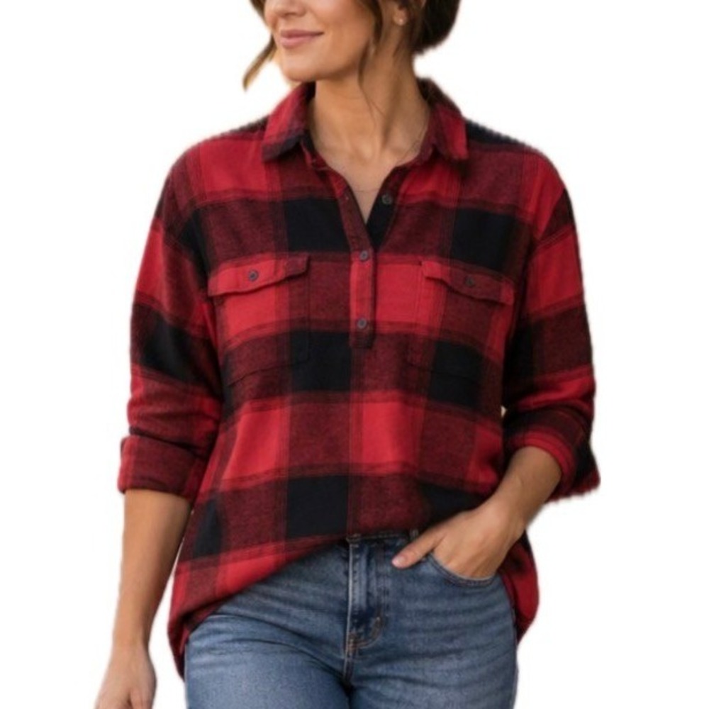 Old Navy Cotton Plaid Flannel Button Collar Henley Long Sleeve. Maternity Large